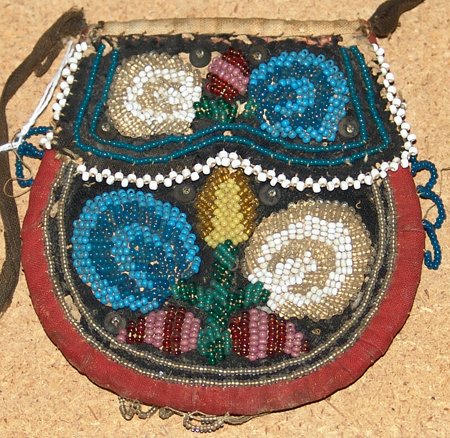 Iroquois Bag: Iroquois two-sided beaded bag, with Niagara-style beadwork. 4 1/4 x 4"
