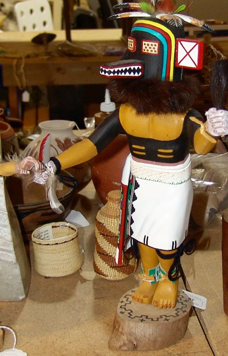 Hopi Katsina Carving - W. Volz: Traditional hand carved and painted cottonwood root "hemsona" doll done with great detail. Very good condition. Signed W. Volz. 14-1/2" x 8"