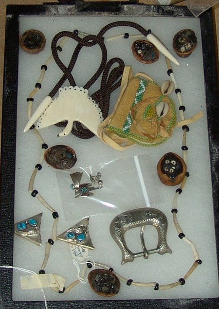 Miscellaneous Framed Collection: A framed collection of Indian items: jewelry, beadwork, bone, etc. Varies