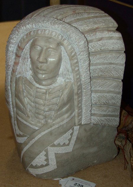 Navajo Sculpture - P. Begay: An original Navajo soapstone elegantly carved alabaster Indian chief with much detail by P. Begay. 8-1/2" x 6"