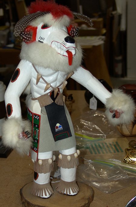 Hopi Katsina: Hand carved and painted Hopi wolf kachina doll. Size: 17"