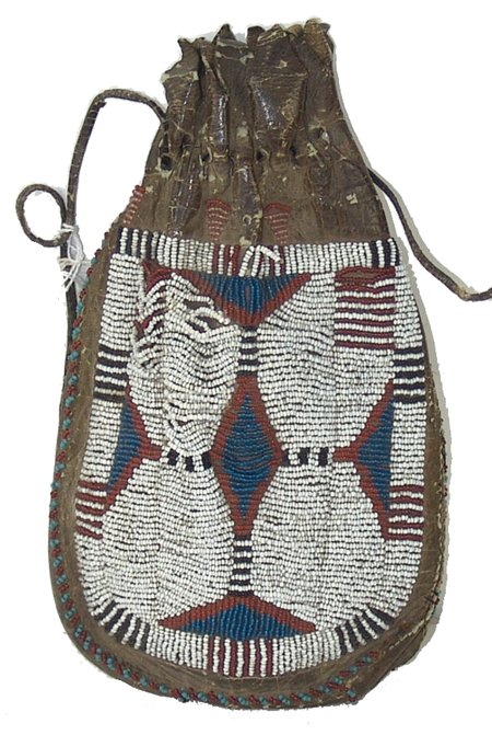 Arapaho Beaded Bag: Ca. 1900, Great old two-sided leather bag with sinew sewn and lazy stitch beaded front panels, with a simpler design on back. Good condition with some bead loss, and some wear and tear. 10" x 6"