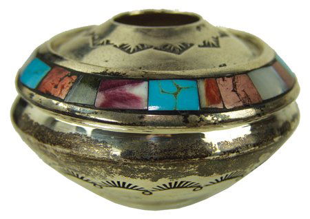 Navajo Silver Jar - L. Tafoya: Late 1900s, Heavy, hand wrought, all-silver olla-shaped vessel with a ring of inlaid stones on the shoulder. Very good condition. 2" x 2-3/4" 2" x 2-3/4"