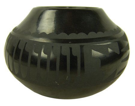 San Ildefonso Pottery Jar - Santana & Adam: Ca. 1960s, Beautiful, little black-on-black jar with nice feather design. Very good condition. 4" x 5-1/2"