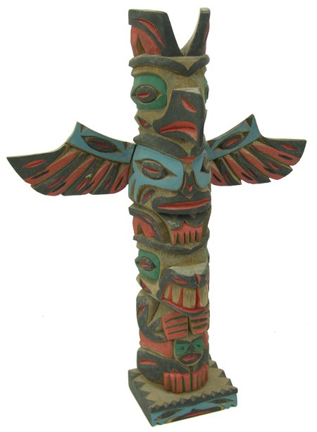 NWC Totem Pole: Ca. 1940s, Beautiful, deep-relief carved and painted, cedar model totem pole. Very good condition, great patina. 13" x 3-3/4"