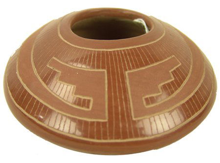 San Ildefonso Pottery Bowl - Rose Gonzalez: Ca. 1970s, Rare etched redware seed pot with interesting encircling hands design. Very good condition. 2" x 4-1/2"
