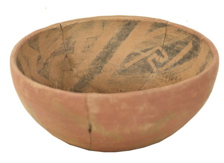 Salado Pottery Bowl: Prehistoric, Classic black-on-red Pinto bowl with fine swirling and fineline interior design. Re-glued, minor restoration. 3-1/4" x 7"