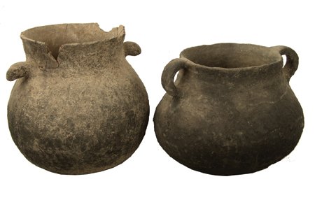 2 Salado Pottery Vessels: Prehistoric, Pair of rare corrugated cooking pots; one with straight lugs, one with looped. One intact/as-found, the other with some missing/repaired rim pieces. 6" x 7-1/2"