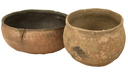 2 Salado Pottery Vessels: Prehistoric, Pair of classic red thumbnail corrugated plainware bowls. Both intact and as found. Bowl 3" x 6"