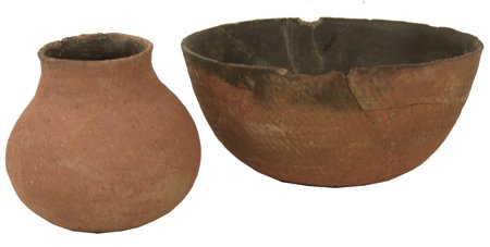 2 Salado Pottery Vessels: Prehistoric, Classic pair of red thumbnail corrugated vessels including one bowl and one olla. Olla as-found, bowl with some gluing. Bowl 4" x 8"