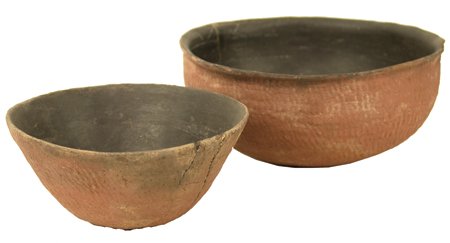 2 Salado Pottery Vessels: Prehistoric, Fine pair of red thumbnail corrugated bowls, both intact. The larger with some glued reinforcement.