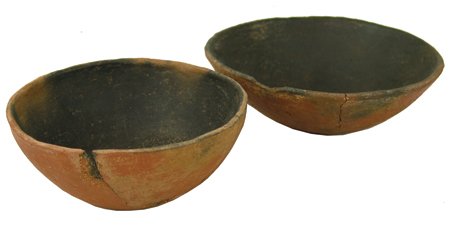 2 Salado Pottery Vessels: Prehistoric, Pair of traditional red onion skin bowls. Both good condition, the larger with one glued piece.