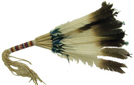 Kiowa Peyote Fan: , Traditional ten feather ceremony/dance fan with buckskin sets, beaded handle, and braided fringe. Very good condition, some minor feather damage. 18"