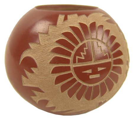 Santa Clara Pottery Jar - NaNaKaa: Late 1900s, Very fine, miniature sgraffito seed pot, with Kokopelli and sunface figures, by Andrew & Judith Harvier. Very good condition. 2-1/2" x 2-3/4"