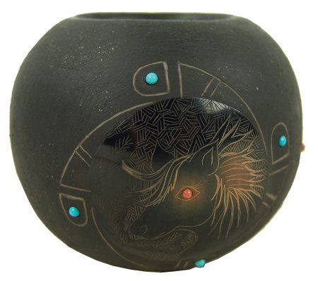 San Ildefonso Pottery Jar - Tahn-Moo-Whe: Late 1900s, Fine, original design, etched blackware seed pot with horse heads and embedded turquoise and coral stones. By Barbara Gonzales. Very good condition. 2-3/4" x 3"