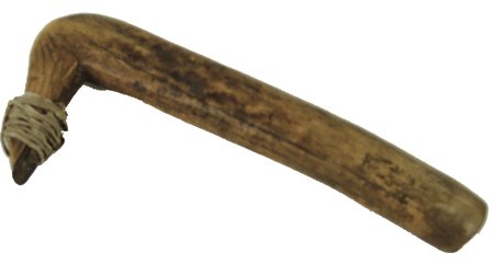 Plains Hide Scraper: Late 1800s, Classic, old, hand carved buffalo bone scraper, with great patina. Blade may be original but lashing is newer. Very good condition. 13" x 5-1/2"