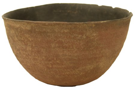 Salado Pottery Bowl: Prehistoric, Large and beautiful, red corrugated thumbnail bowl with black interior. Very good condition with 1 glued stress crack. 5" x 9-1/2"