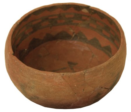 Salado Pottery Bowl: Prehistoric, Classic, deep, globular black-on-red Pinto bowl with rare blanket design. Re-glued but not restored. 3-1/2" x 6"