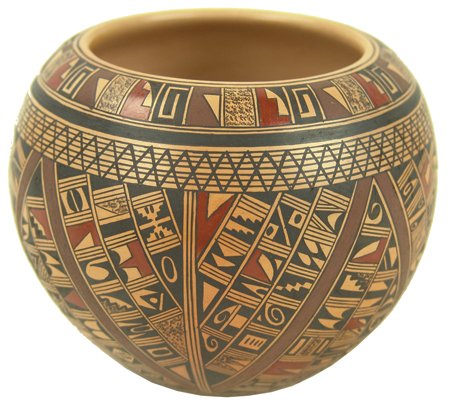 Hopi Pottery Jar - Rondina Huma: Early 2000s, Exquisite polychrome pottery jar with very intricate exterior design, which is her style. This is a showpiece and is in very good condition. 3-3/4" x 5"