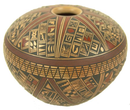 Hopi Pottery Jar - Rondina Huma: Early 2000s, Exquisite polychrome pottery jar with very intricate exterior design, which is her style. Very good condition. 3" x 4"