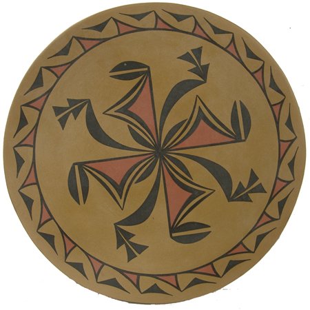 San Ildefonso Pottery Plate - Cavan Gonzales: Late 1900s, Beautiful original design polychrome plate with interesting whirling design. Very good condition. 1" x 12-3/8"