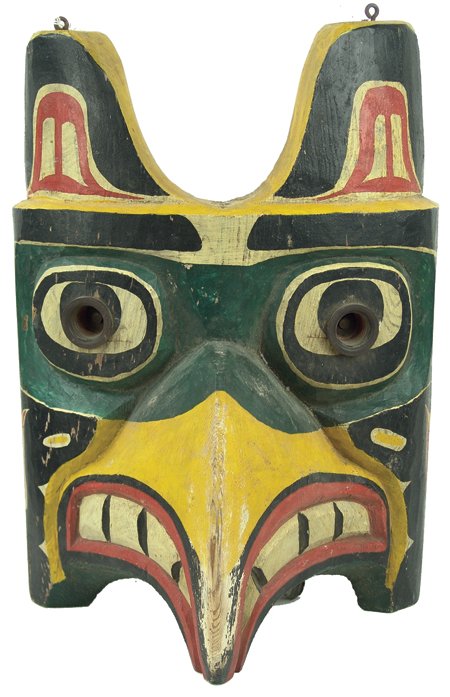 NW Coast Mask Lamp - Don Lelooska: Ca. 1960s, Very early, hand carved and painted, cedar eagle head mask that has light bulb sockets as eyes. Given to a friend of Lelooska's and was used outside his shop before he moved to Ariel, WA. 2