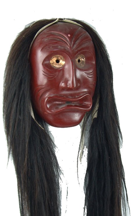 Iroquois Mask: Ca. 1983, Large, hand carved and painted False Face, "spoon face" mask with copper eyes and horsehair. Very good condition. 15" + 36" hair x 16" x 6-1/2"