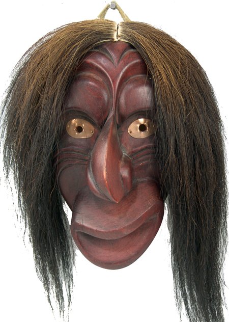 Iroquois Mask: Mid 1900s, Vintage, hand carved and painted, False Face "spoon face" mask with copper eyes and horsehair. Very good condition. 18" x 11" x 6-1/2"
