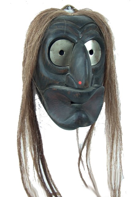 Iroquois Mask: Mid 1900s, Vintage, hand carved and painted, False Face "spoon face" mask with copper eyes and horsehair. Very good condition. 12" + 23" hair x 8" x 5"