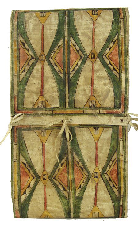 Plateau Parfleche Case: Mid 1900s, Large and beautiful formed rawhide "Indian suitcase" with detailed, painted design. Very good condition. 26-1/2" x 14-1/2"