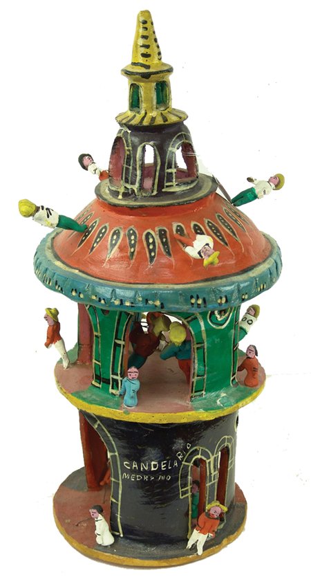 Mexican Pottery Sculpture - Candelerio Medrano: 1960s, Colorful one-of-a-kind clay/pottery building/church filled with figures. Good (fragile) condition. 23" x 9"