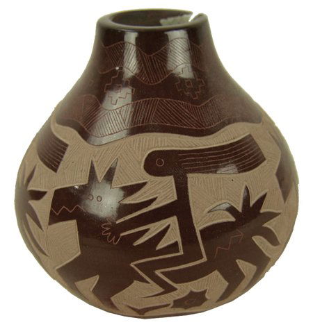 Santa Clara Pottery Jar - Jody Naranjo: 2000s, Very fine sgraffito redware seed jar with stylized horse and rider figures. Very good condition. 3-1/4" x 3-1/4"