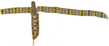 Sioux Child's Knife & Belt: Early 1900s, Rare, old, sinew sewn and lazy stitch beaded buckskin knife sheath and matching belt. Includes an antique skinning knife. Good condition, with minor bead loss. 25" long, Sheath 8-1/2"