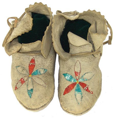 Santee Baby Moccasins: Ca. 1900s, Beautiful old pair of hard-soled buckskin baby moccasins with quilled floral on the front. Very good condition, many missing quills. 5"