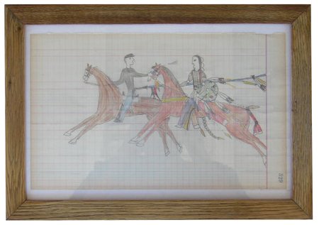 Ledger Drawing: Ca. 2000s, Plains Indian-style drawing - "Warrior Chasing Soldier on Horseback" - framed. 8-1/4" x 13-1/2" (11-3/8" x 16-1/4" fr.)