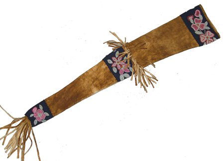 Athabascan Beaded Scabbard: Mid 1900s, Beautiful, handcrafted moose hide gun case, with three floral beaded sections, done on blue trade cloth. Very good condition 37" long with fringe