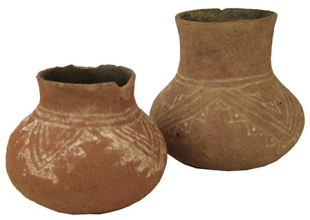 2 Salado Pottery Vessels: Prehistoric, Pair of rare, McDonald red, corrugated jars with traditional white over-paint designs. Both intact/as-found. 6" x 6-1/2"