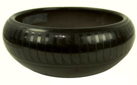 San Ildefonso Pottery Bowl - Blue Corn: Ca. 1970s, Outstanding black-on-black pottery bowl with fine radiating feather designs. Very good condition, minor scratches from handling. 3-3/8" x 8-1/2"