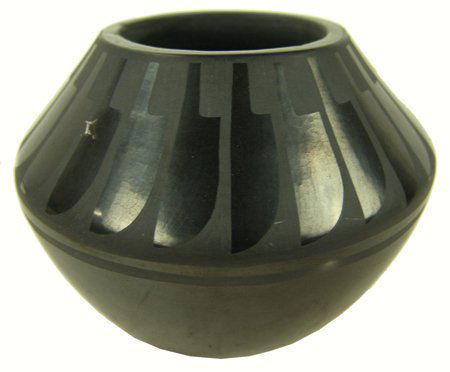 San Ildefonso Pottery Jar - Blue Corn: Ca. 1970s, Outstanding black-on-black pottery jar with fine radiating feather designs. Very good condition, minor scratches from handling. 4" x 5-1/2"