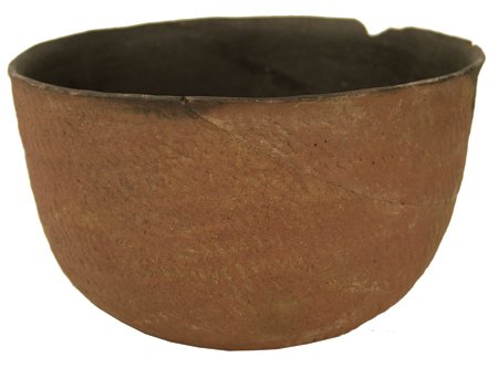 Salado Pottery Bowl: Prehistoric, Beautiful, large, thin-walled, red thumbnail corrugated bowl with black interior. Very good condition with two large glued pieces. 5-1/2" x 8-1/4"