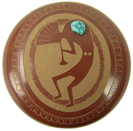 Santa Clara Pottery Jar - Debra Harvey: Ca. 1983, Very fine miniature redware seed pot with single turquoise stone and a Kokopelli flute player done in sgraffito. Very good condition. 1" x 3"