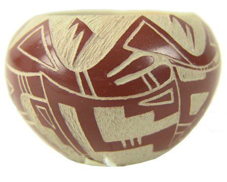 Hopi Pottery Bowl: Ca. 1979, Very fine miniature sgraffito redware bowl with stylized Hopi motif. Very good condition. 1-3/4" x 2-1/4"
