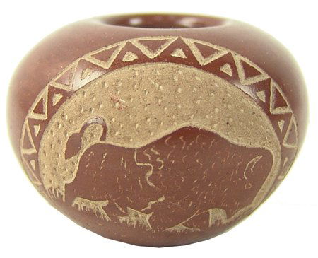 Santa Clara Pottery Jar - Red Starr: Ca. 1980s, Very fine miniature sgraffito redware seed pot with buffalo figure, florals, and turquoise and coral stones. Very good condition. 1" x 1-1/2"
