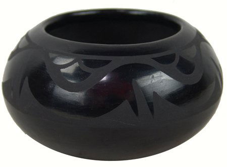 San Ildefonso Pottery Jar - Popovi Da: Ca. 1962, Beautiful black-on-black bowl with traditional Avanyu figure. Popovi is Maria and Julian's son. Very good condition. 2-3/4" x 5-1/4"