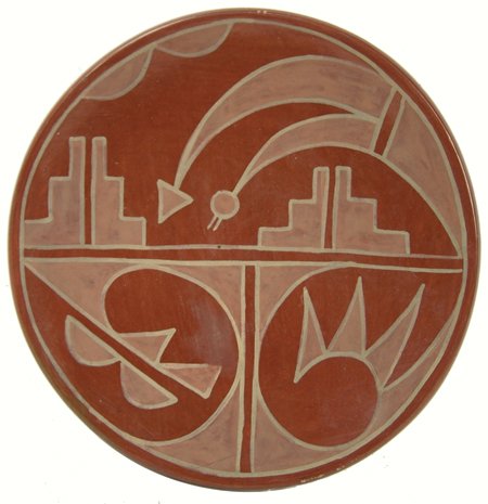 San Ildefonso Pottery Plate - Rose Gonzales: Ca. 1960s, Rare polychrome redware plate with stylized avian forms. Very good condition, minor scuffs. 8-1/2" dia.