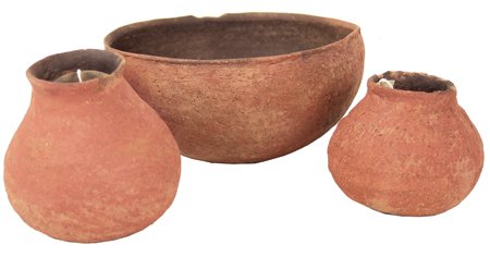 3 Salado Pottery Vessels: Prehistoric, Set of three, small, red thumbnail corrugated vessels including two ollas and one bowl. All intact and as-found. 3" x 6-1/2"