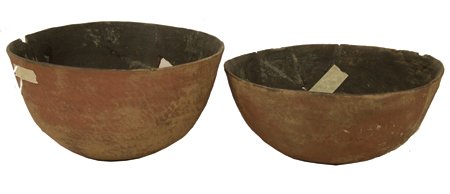 2 Salado Pottery Vessels: Prehistoric, Nice pair of red thumbnail corrugated bowls. Both glued but not restored, repair tape is still in place. 4" x 7-3/4"