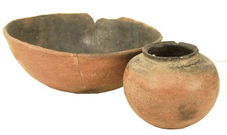 2 Salado Pottery Vessels: Prehistoric, Pair of beautiful onion skin redware pieces including a small globular olla (intact, as found) and a large bowl (with gluing). 3-1/4" x 8-1/2"