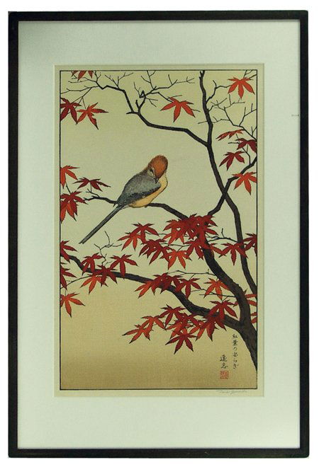 Japanese Artwork - Toshi Yoshida: Late 1900s, Beautiful full-color print of a bird in a tree. Very good condition. 20-1/2" x 12-1/2" (27-3/4" x 18-1/4" fr.