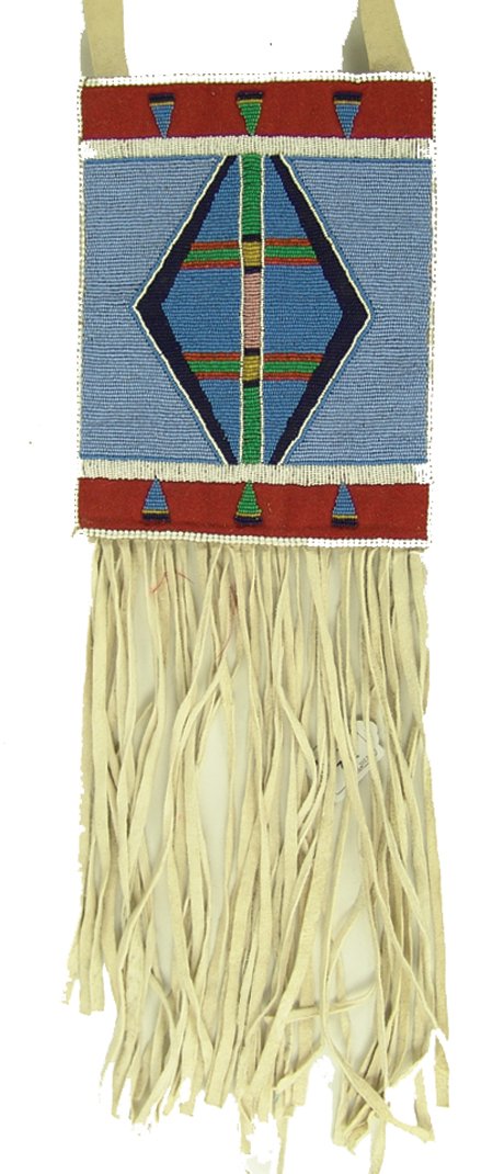 Crow Beaded Bag: Late 1900s, Traditional design, white buckskin carry bag with fully beaded front panel and long fringe. Very good condition. 9-1/2" x 7"